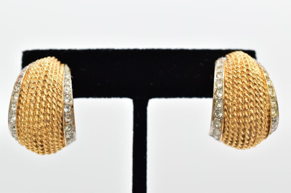D'orlan Vintage Clip On Earrings Rhinestone Crystal Gold Heavy Signed 80s BinBF